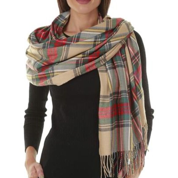 Beige Oversized Tartan Scarf for Women – Cashmere-Feel Winter Shawl 80" x 30" - Picture 3 of 5